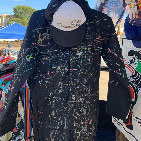 Vintage 90s Red Kap black utility coveralls, puffy paint splatter design - Picture 2 of 15